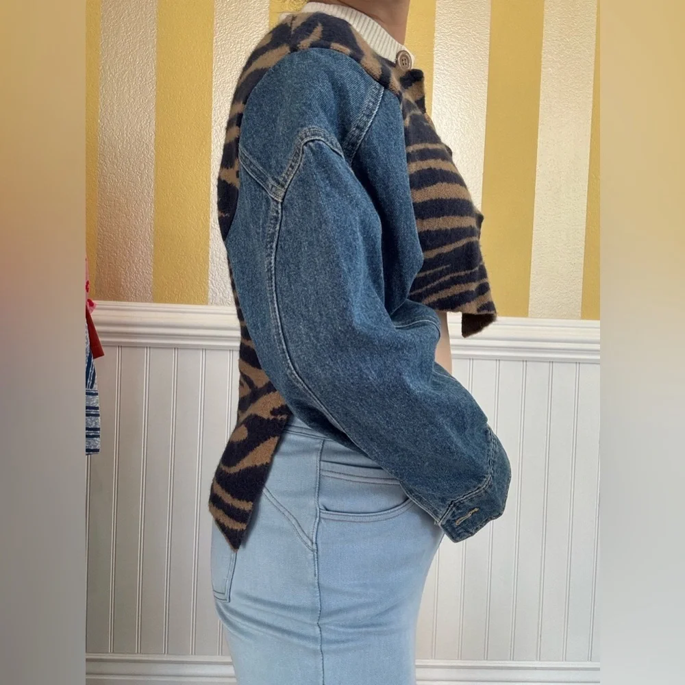 Striped Mix Fabric Denim Sleeve Jacket - Picture 3 of 6